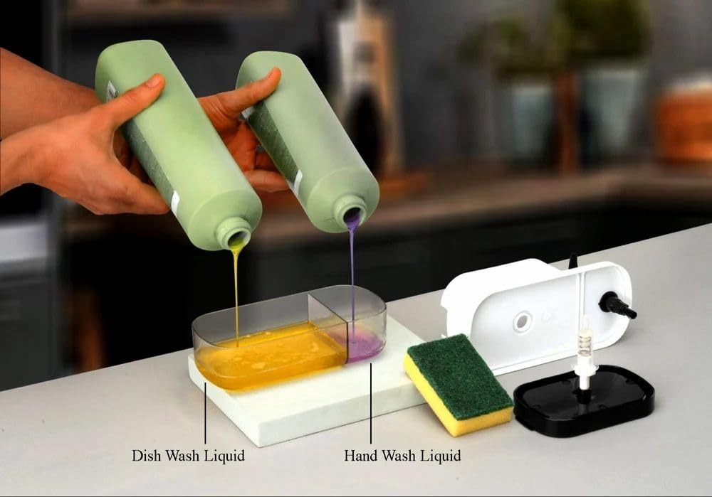 SWAPKART ABS Plastic 3 in 1 Soap Pump Dispenser Dish Soap Liquid Dispenser Sponge Holder Dish Soap Dispenser for Kitchen Sink Countertop Kitchen Bathroom (Multi-Color,Pack of 1)