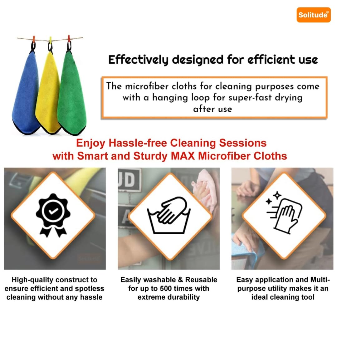 Solitude 4 Pcs Microfiber Cleaning Towel Cloth 40 x 40 cms, 400 GSM Highly Absorbent Dust Lint Free Multipurpose Towels for All Vehicles Bike, Car, Glass Detailing, Cleaning, Washing