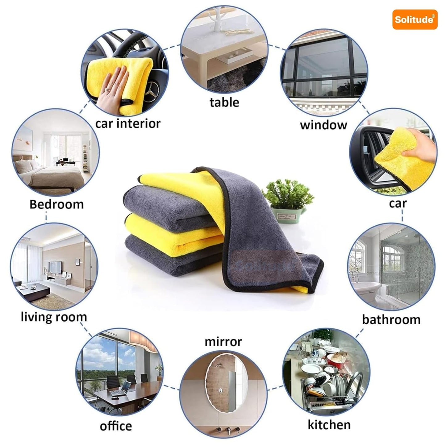 Solitude 4 Pcs Microfiber Cleaning Towel Cloth 40 x 40 cms, 400 GSM Highly Absorbent Dust Lint Free Multipurpose Towels for All Vehicles Bike, Car, Glass Detailing, Cleaning, Washing