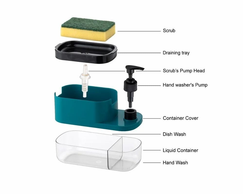 SWAPKART ABS Plastic 3 in 1 Soap Pump Dispenser Dish Soap Liquid Dispenser Sponge Holder Dish Soap Dispenser for Kitchen Sink Countertop Kitchen Bathroom (Multi-Color,Pack of 1)