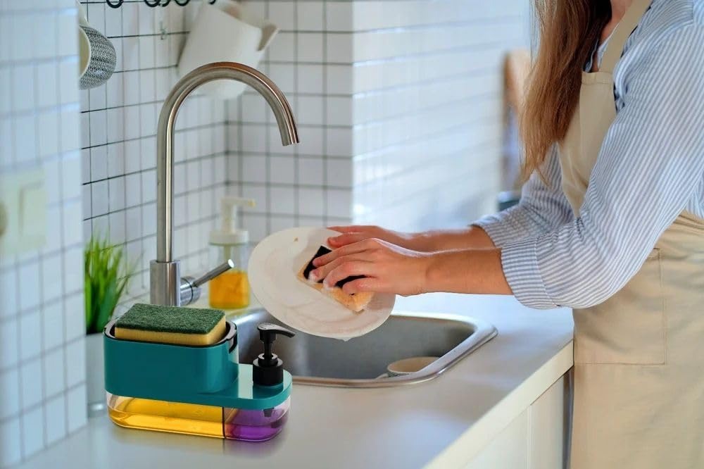 SWAPKART ABS Plastic 3 in 1 Soap Pump Dispenser Dish Soap Liquid Dispenser Sponge Holder Dish Soap Dispenser for Kitchen Sink Countertop Kitchen Bathroom (Multi-Color,Pack of 1)